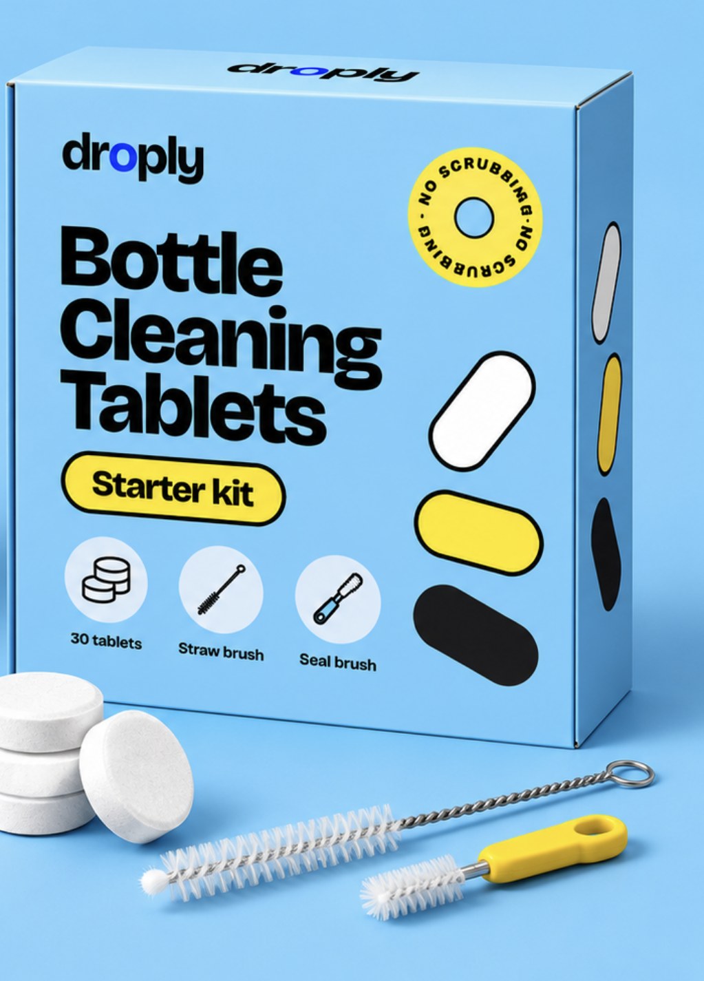 droply Starter kit box with 30 cleaning tablets, straw brush and seal brush